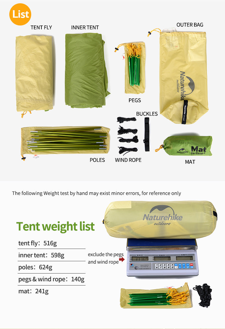 Naturehike Cirrus 20D Nylon with Silicon Coated Ultralight Tent for 2 Person