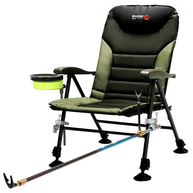 Foldable fishing chair/camp chair adjustable backrest with rod holder and bait cup
